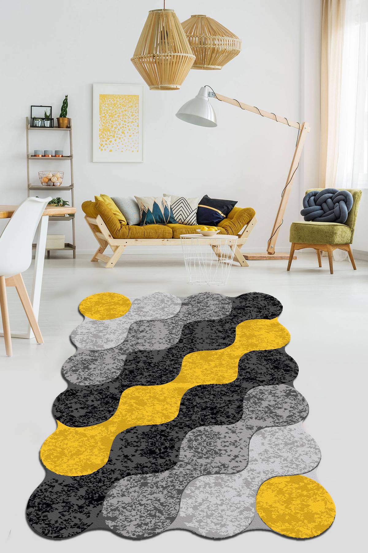Ferano Teppich 80x100cm Velours Motiv Kreise kombiniert Gelb, Schwarz und Grau