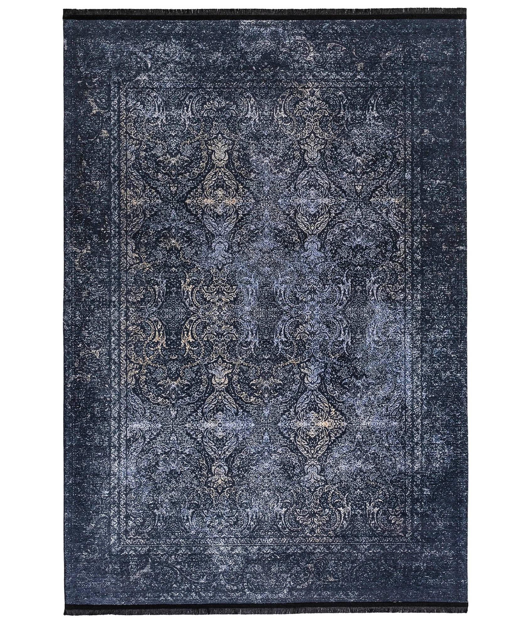 Hadorn Teppich 100x200cm Viktorianisches Muster Blau und Schwarz