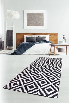 Hanat hal vloerkleed 80x200cm Fluweel Klassiek Geometrisch Patroon Zwart en Wit