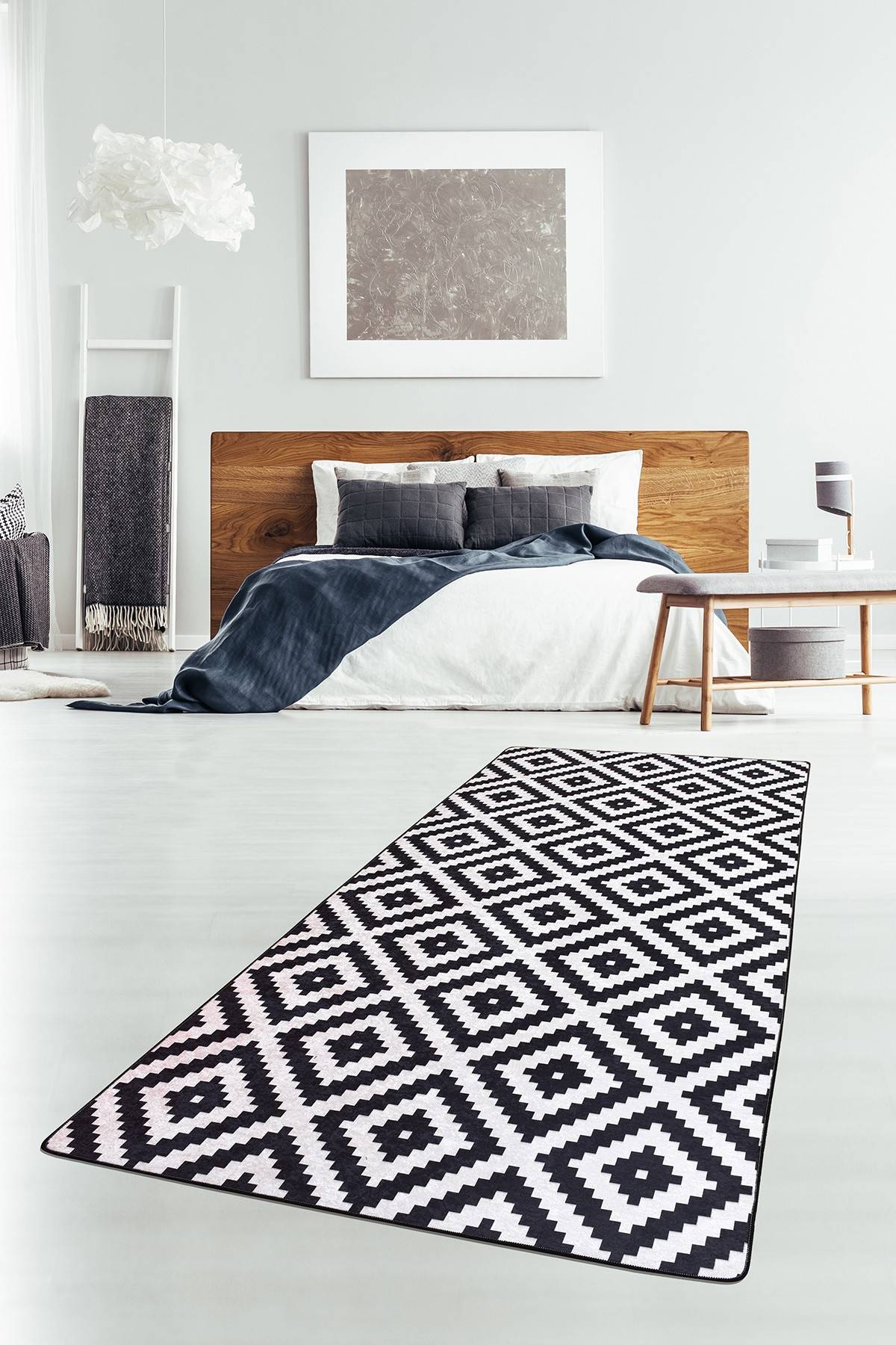 Hanat Flurteppich 80x300cm Velours Klassisches Geometrisches Muster Schwarz und Weiß