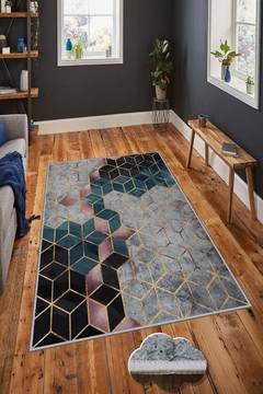 Kauri tapijt 180x280cm 3D blokjes patroon Multicolour PVC onderzijde