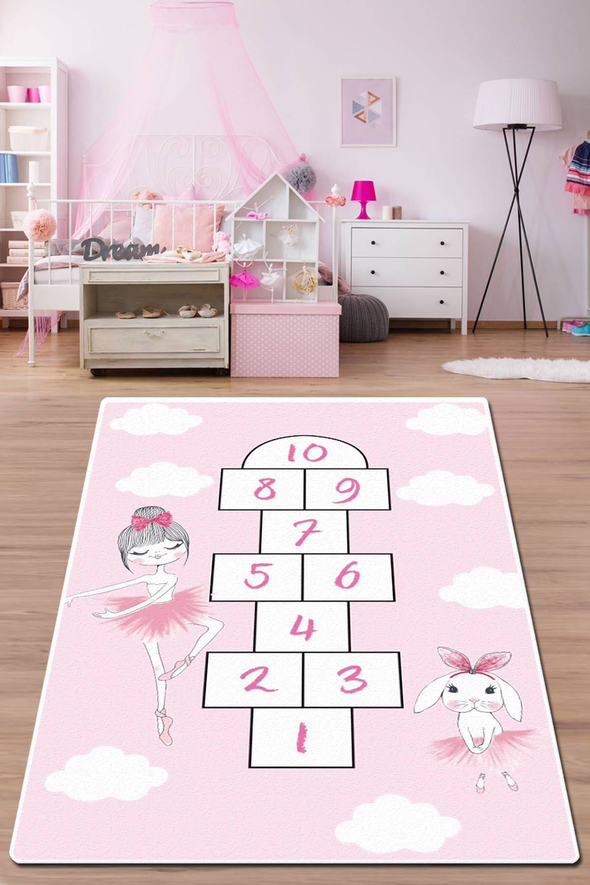Kiki Teppich 100x180cm Velours Motiv Quadratisches Spiel Weiß, Pink und Schwarz