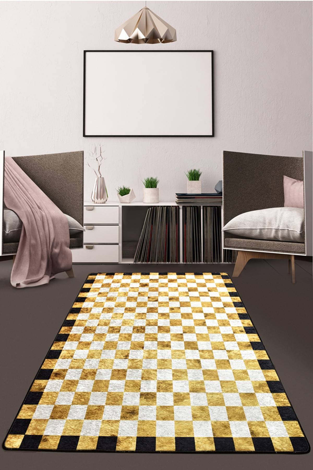 Lixus tapijt 150x230cm Fluweel met goud, wit en zwart ruitpatroon