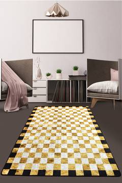 Lixus tapijt 80x200cm Fluweel met goud, wit en zwart ruitpatroon