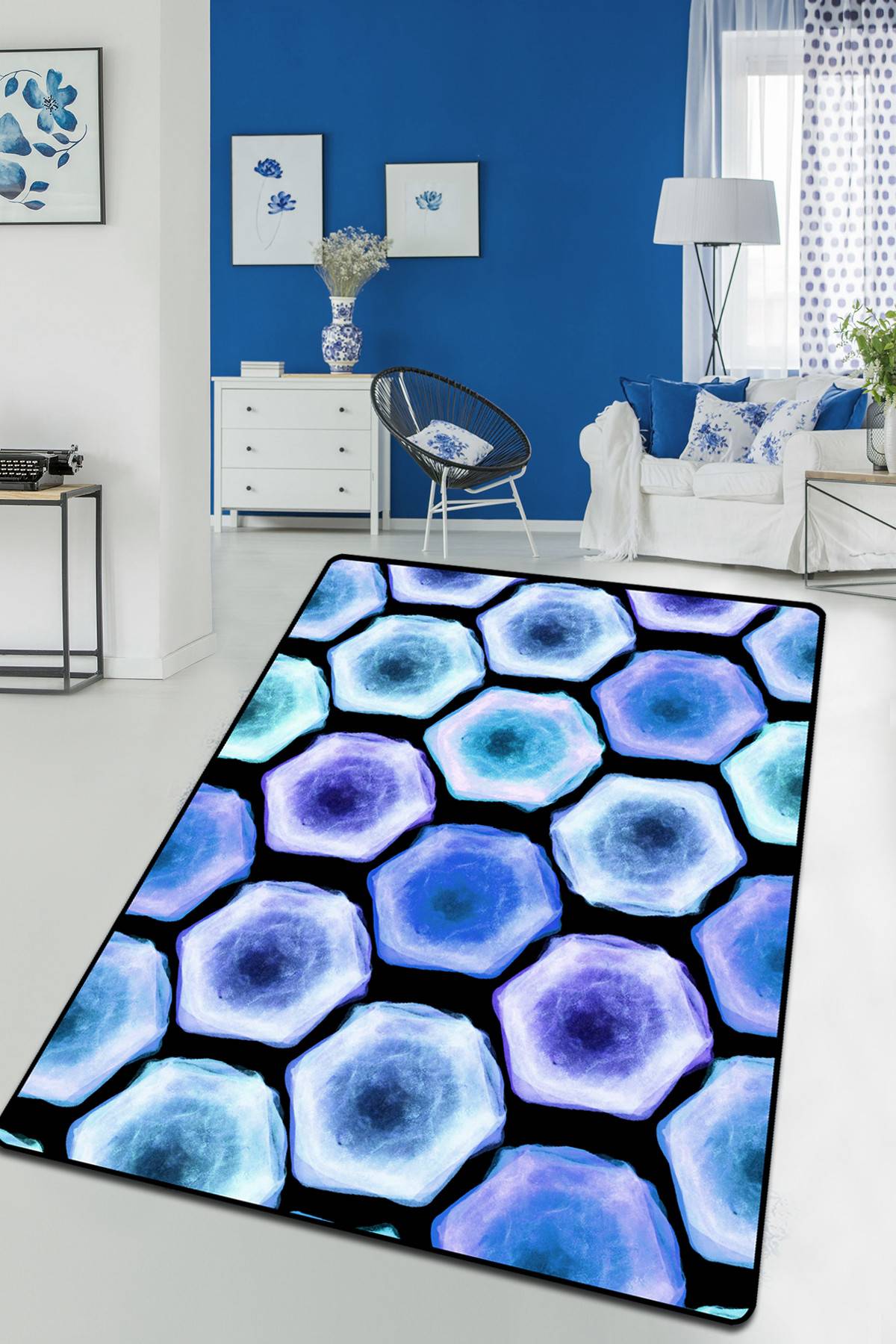 Tapijt Maifort 80x120cm Fluweel Hexagon patroon Blauw