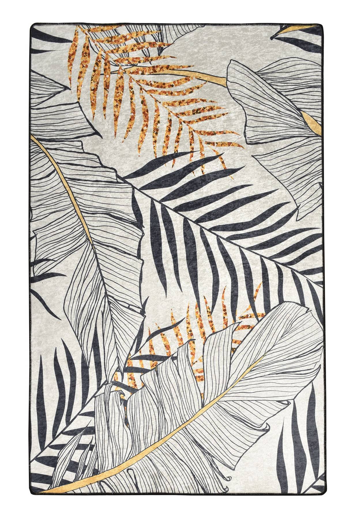 Maiko Teppich 150x300cm Blättermuster Grau, Schwarz und Gelb