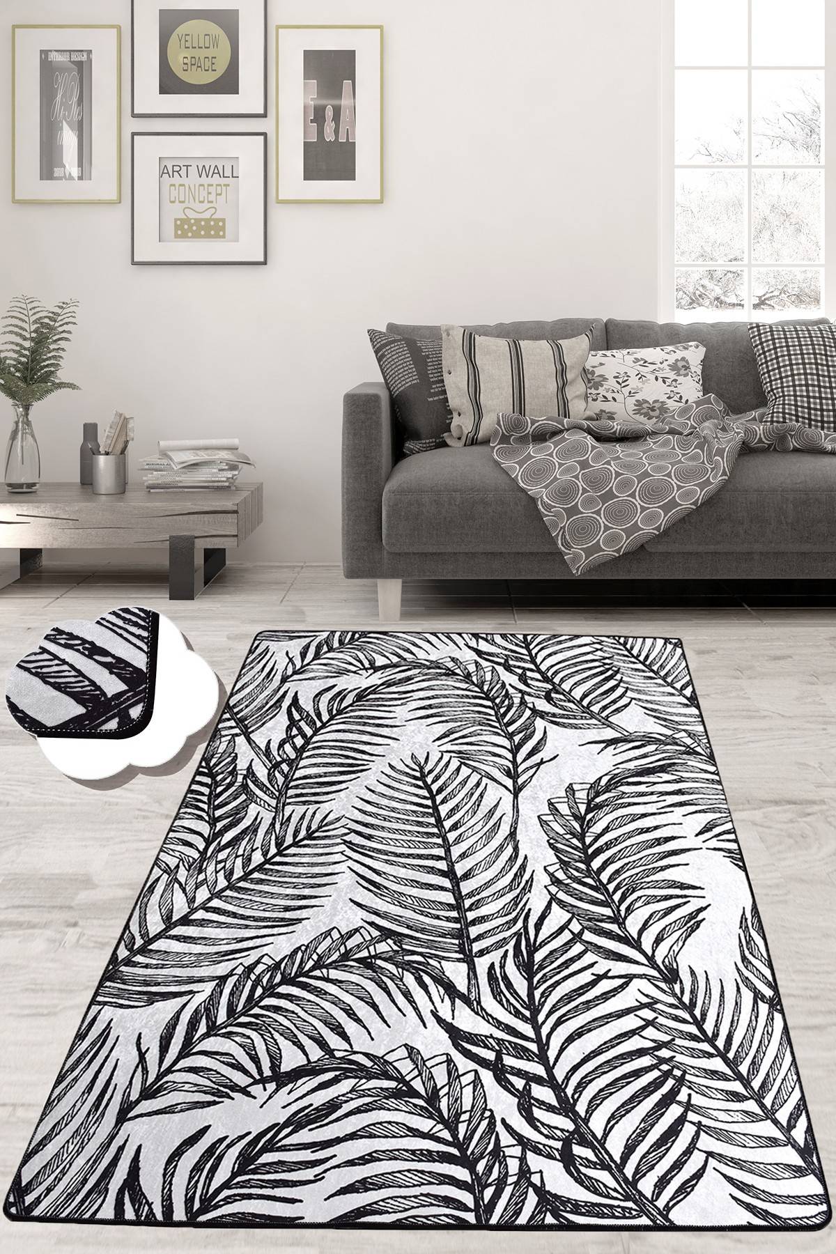 Munatas Teppich 80x300cm Velours Motiv Tropische Blätter Schwarz und Weiß