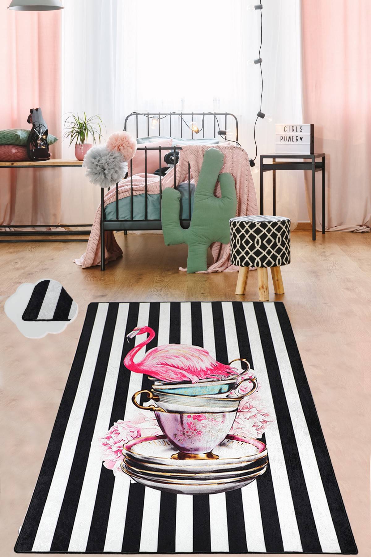 Talal tapijt 200x290cm Fluweel Zwart-wit streeppatroon en roze flamingo sublimatie cup design