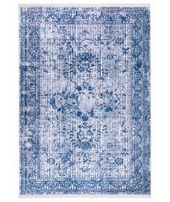 Tima Teppich 100x400cm 100% Velours Blumenmuster Blau und Weiß
