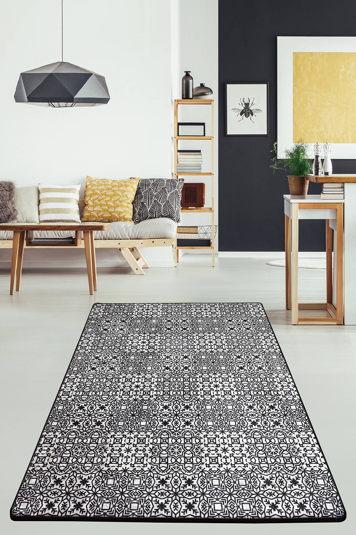 Tiziri Teppich 80x300cm Velours Arabesque Muster Schwarz und Weiß
