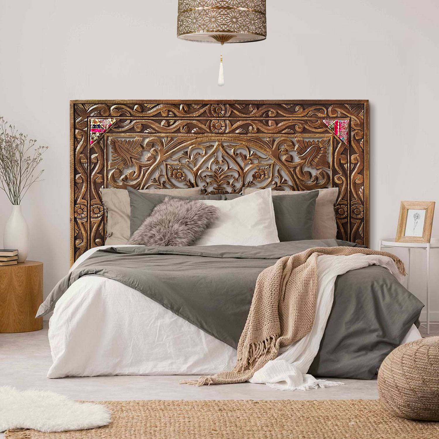 Cabecero marrón madera teca-piel 160 x 5 x 120 cm - Muebles Orencio - Denzzo