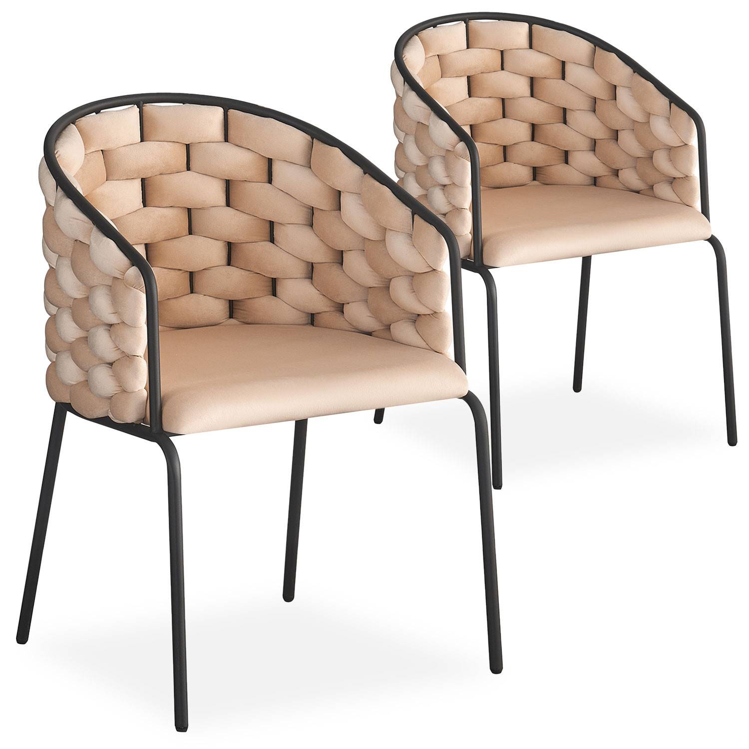 Set aus 2 Design-Stühlen mit abgerundeter Rückenlehne im Stil Mesh Tricotane Velours Beige und Metall Schwarz