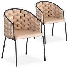 Set aus 2 Design-Stühlen mit abgerundeter Rückenlehne im Stil Mesh Tricotane Velours Beige und Metall Schwarz