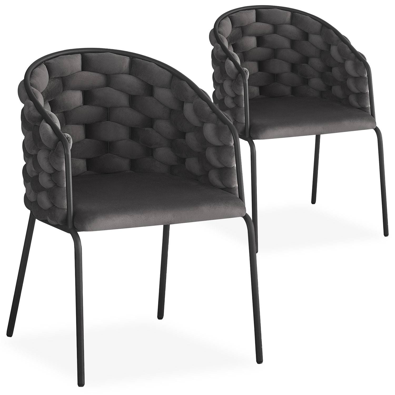 Lote de 2 sillas de terciopelo gris y rejilla metálica negra con respaldo redondeado