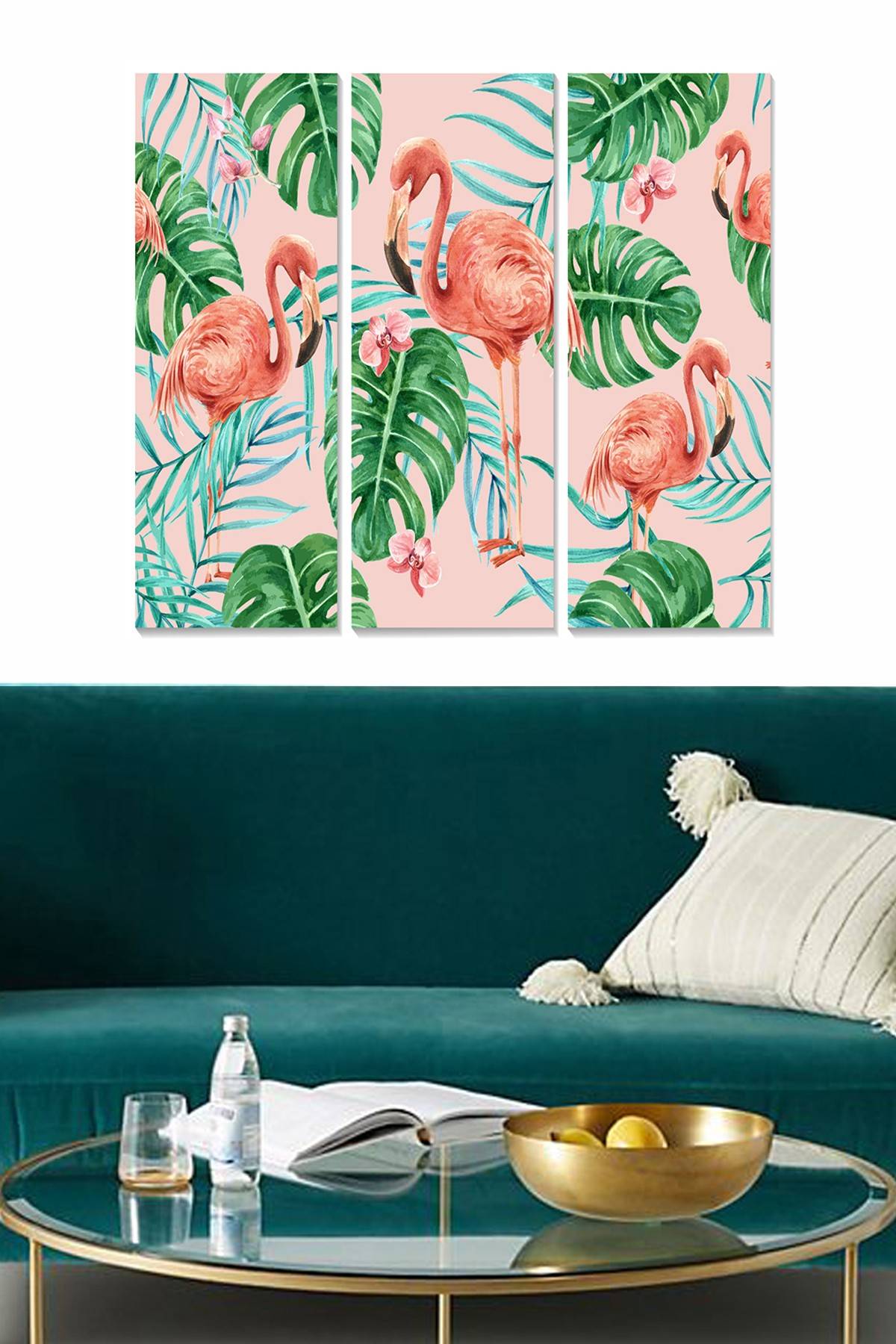 Drieluik decoratief schilderij Fabulosus tropische illustratie roze flamingo's MDF Multicolour 