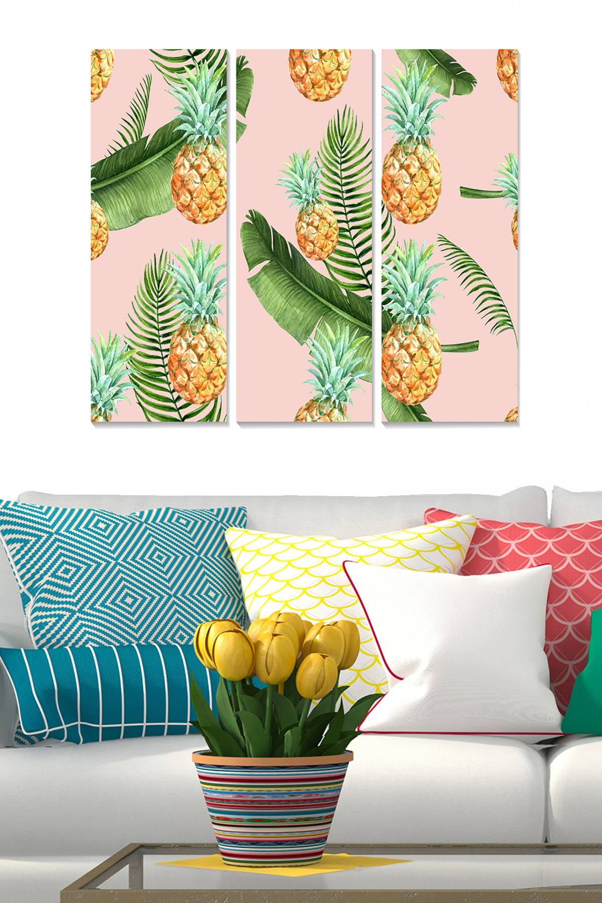 Drieluik decoratief schilderij Fabulosus tropische illustratie ananas bladeren bananenboom MDF Multicolour 