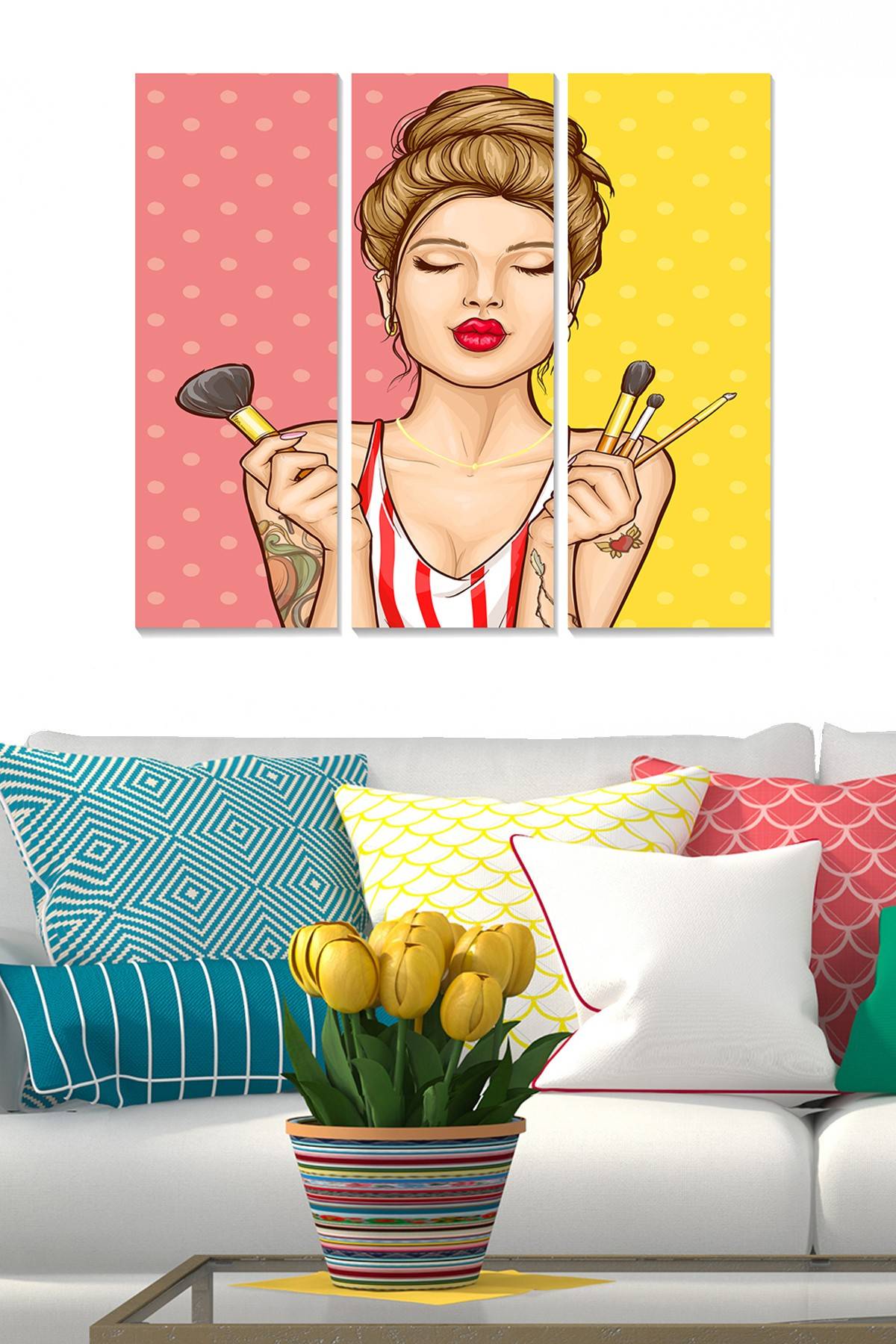 Tríptico pintura decorativa Fabulosus pop-art mujer pinceles de maquillaje MDF Multicolor 