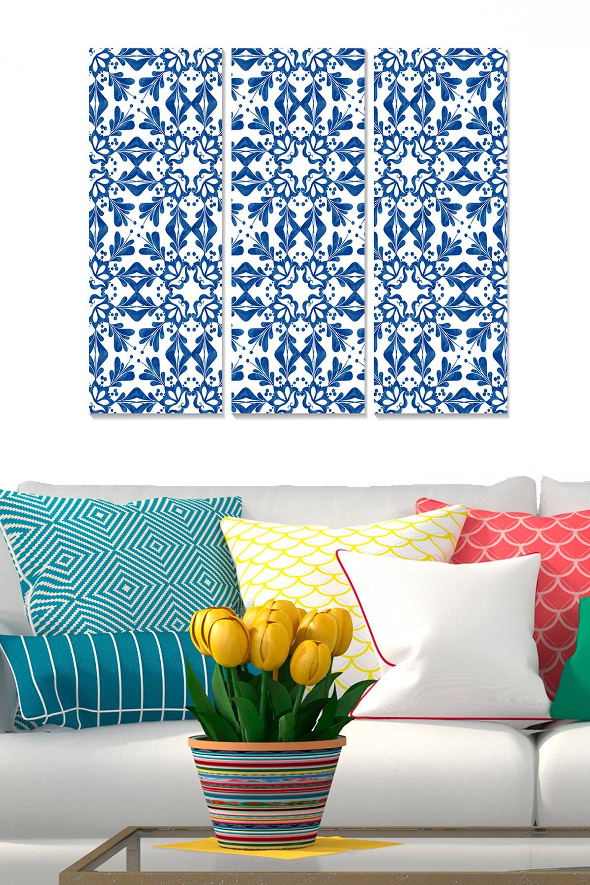 Cuadro decorativo tríptico Fabulosus azulejos portugueses MDF Azul y Blanco
