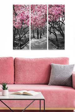 Triptyque Fabulosus L70xH50cm Motif Allée de cerisiers en fleurs Gris et Rose