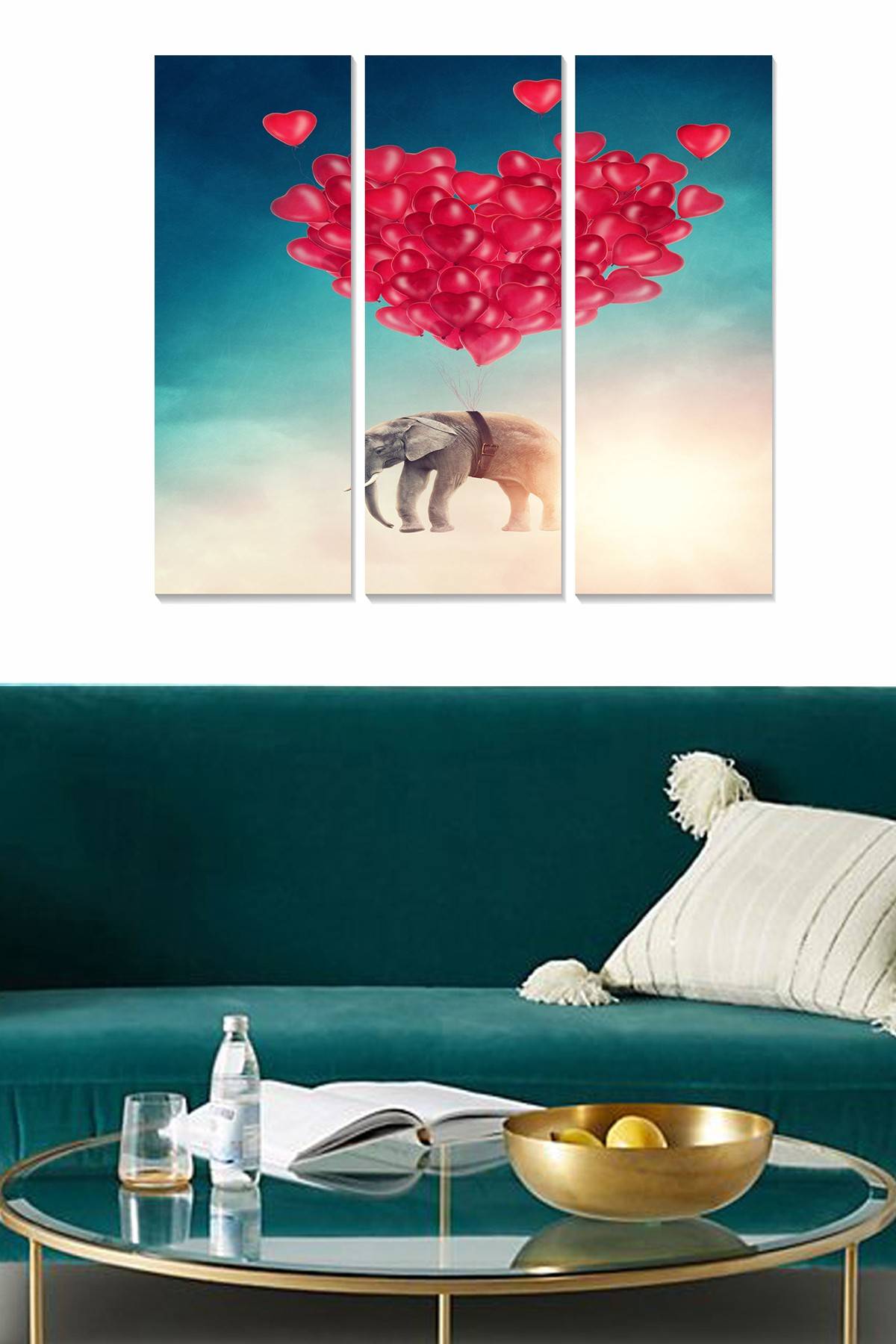Drieluik decoratief schilderij Fabulosus ballonnen harten en olifant MDF Multicolour 