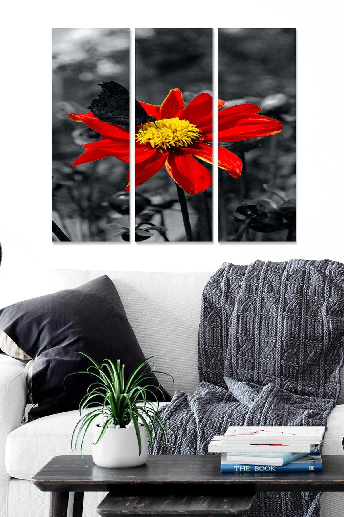 Triptychon Fabulosus B70xH50cm Motiv Chrysantheme Schmetterling Schwarz Und Rot