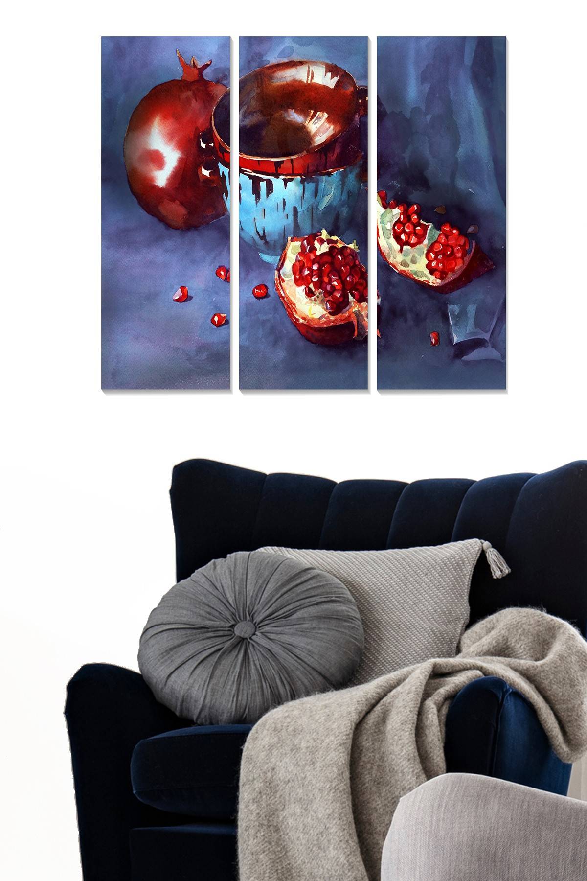 Triptychon Fabulosus B70xH50cm Motiv Komposition Granatapfel und Schalen Rot und Blau