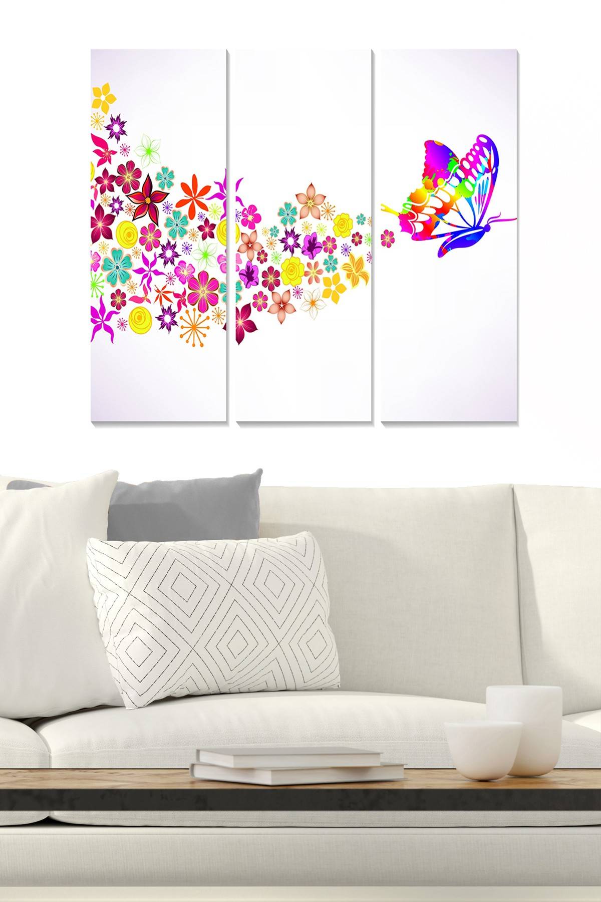 Triptychon Fabulosus B70xH50cm Motiv Bunte Blumen und Schmetterling