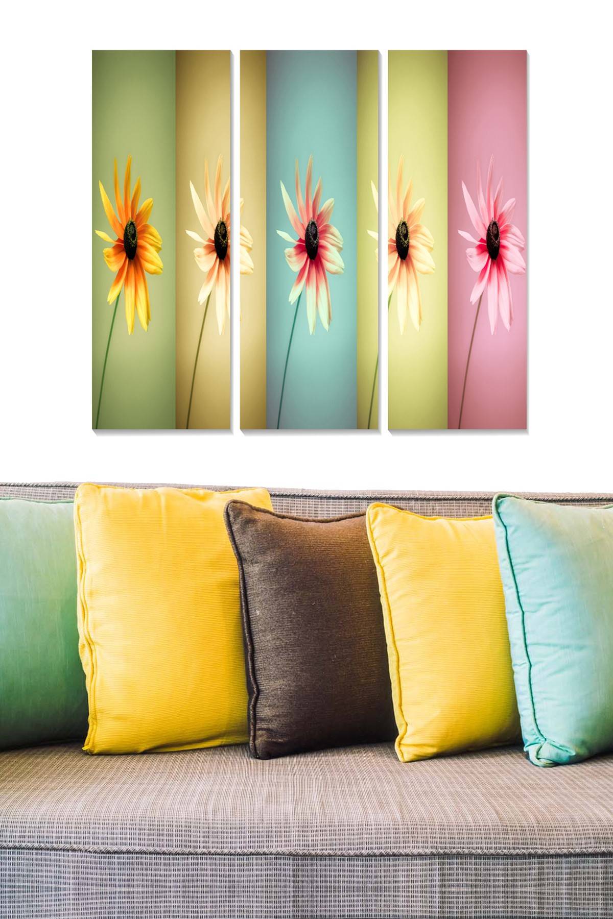 Drieluik decoratief schilderij Fabulosus bloemen op gekleurde ondergrond MDF Multicolour 