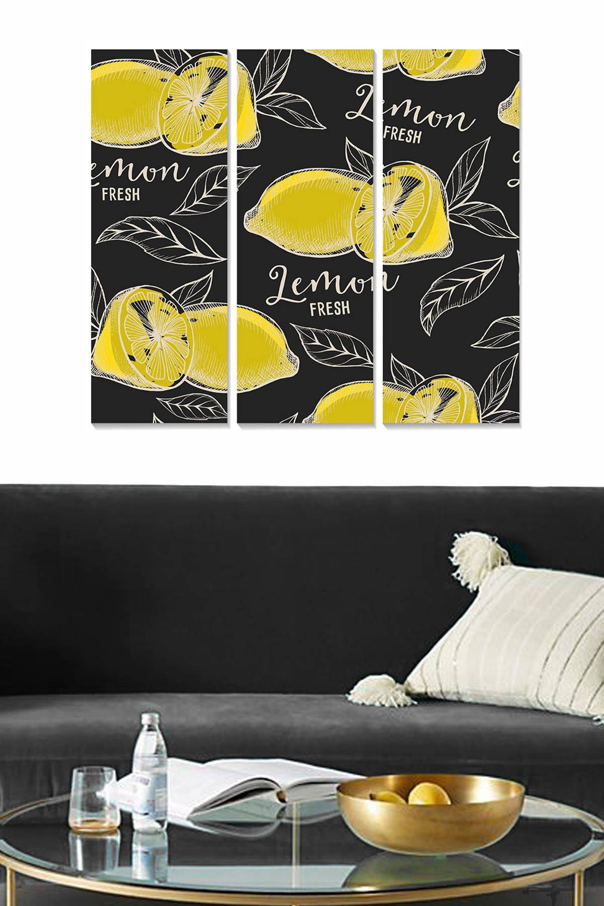 Triptychon Fabulosus B70xH50cm Illustrationsmuster Zitronen Schwarz und Gelb