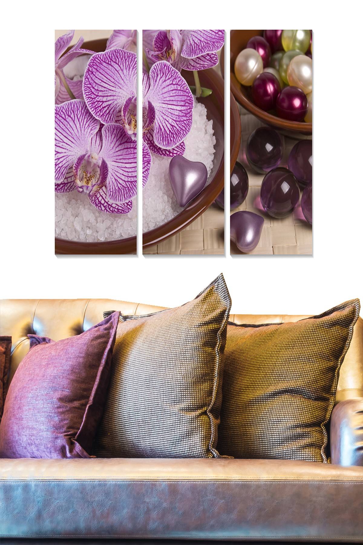 Triptyque Fabulosus L70xH50cm Motif Orchidées et petites pierres en coeur Violet