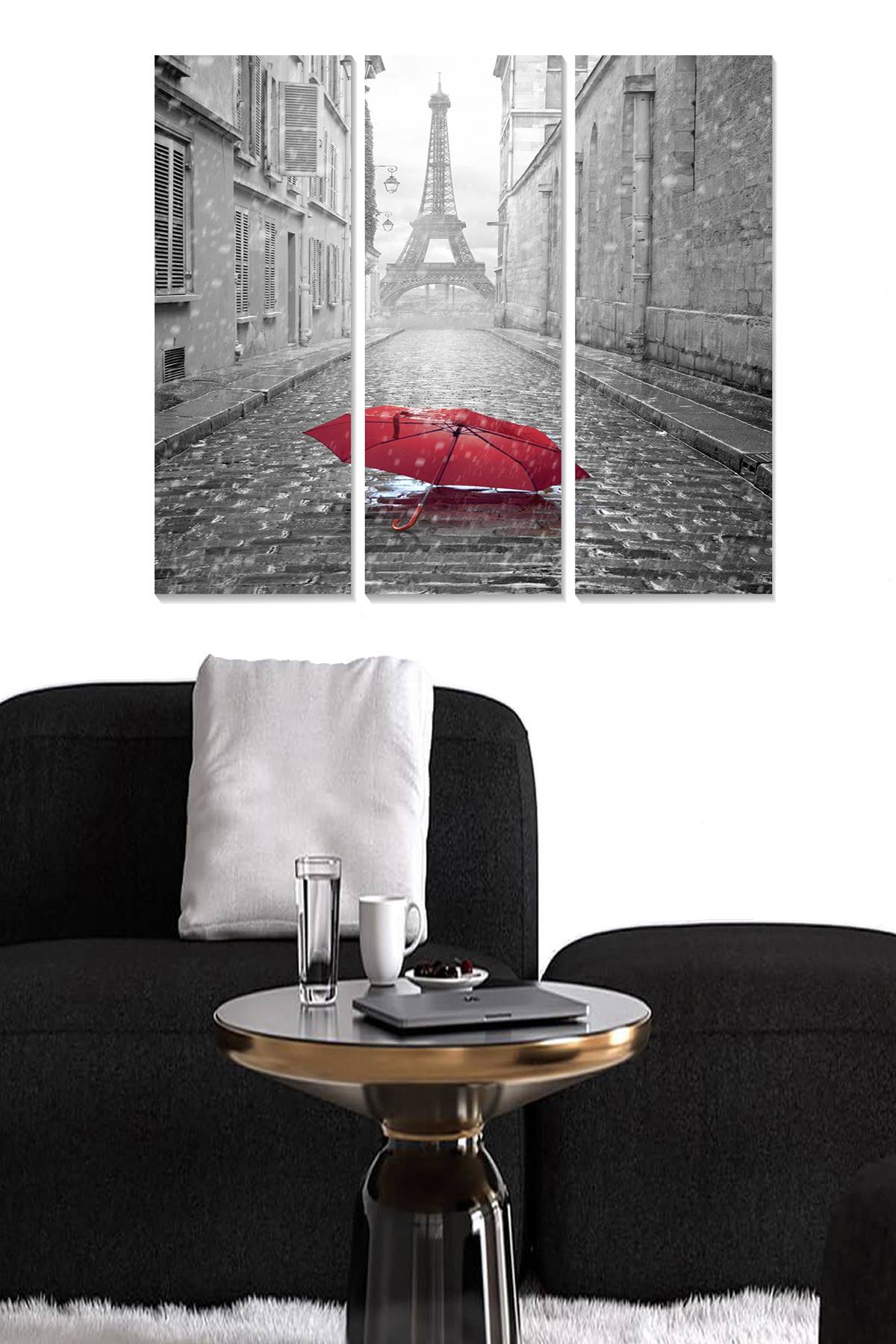 Triptychon Fabulosus B70xH50cm Motiv Paris im Regen Grau und Rot
