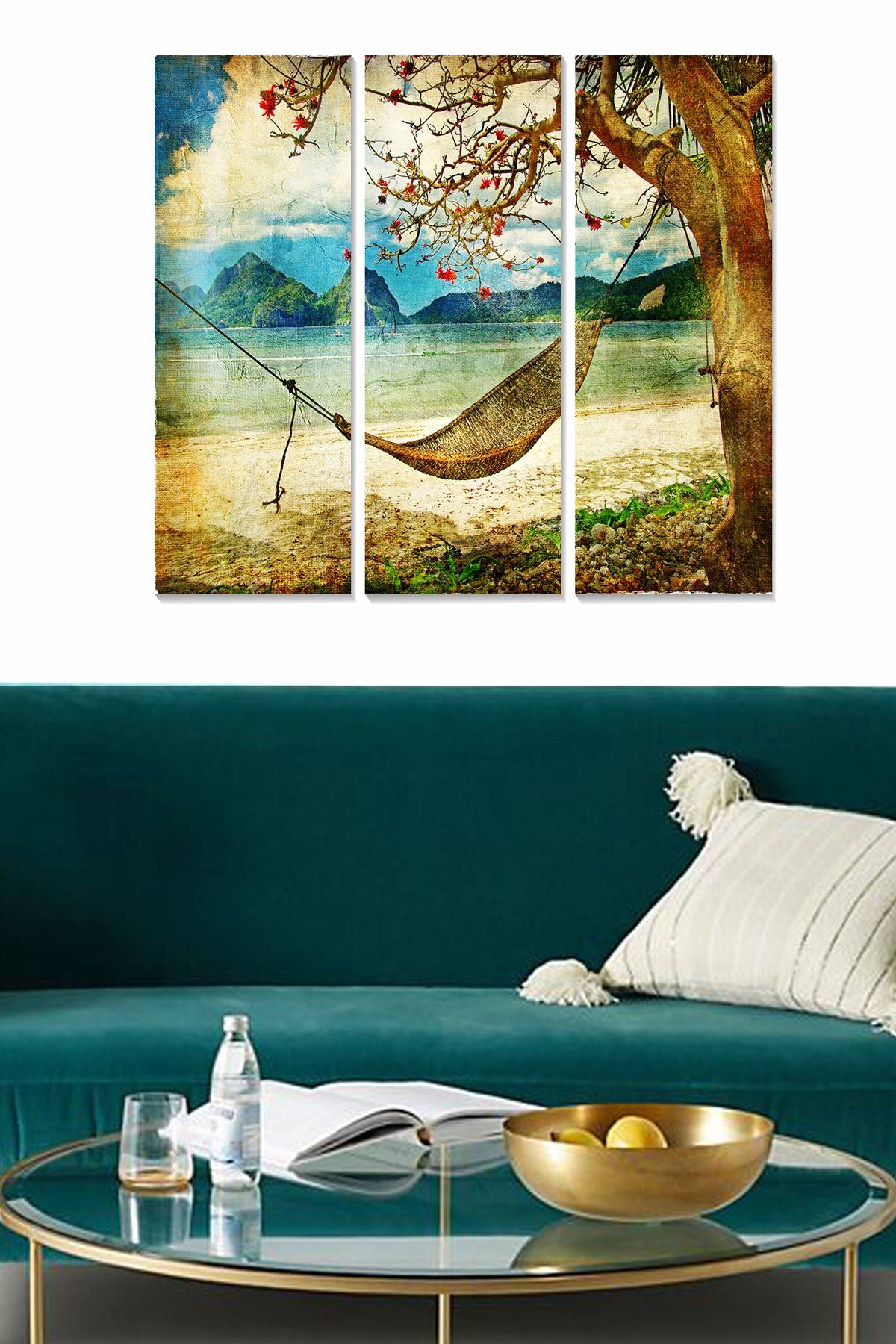 Drieluik decoratief schilderij Fabulosus strand hangmat MDF Multicolour 