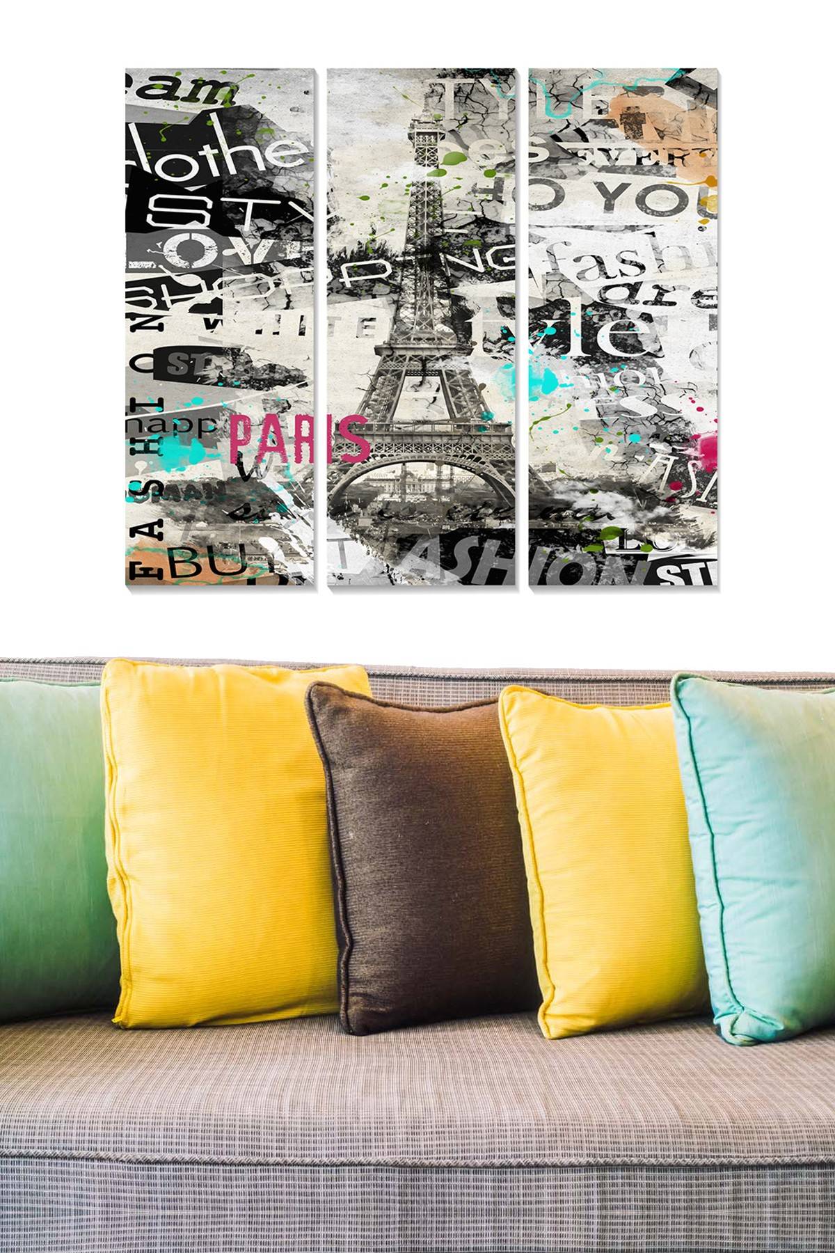 Trittico Fabuloso L70xH50cm Motivo Poster Parigi, Patchwork Multicolore