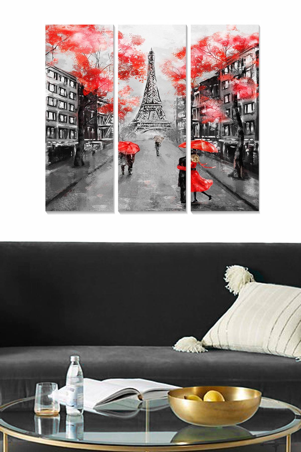 Trittico Fabulosus L70xH50cm Alberi motivo Parigi street in fiori Grigio e rosso