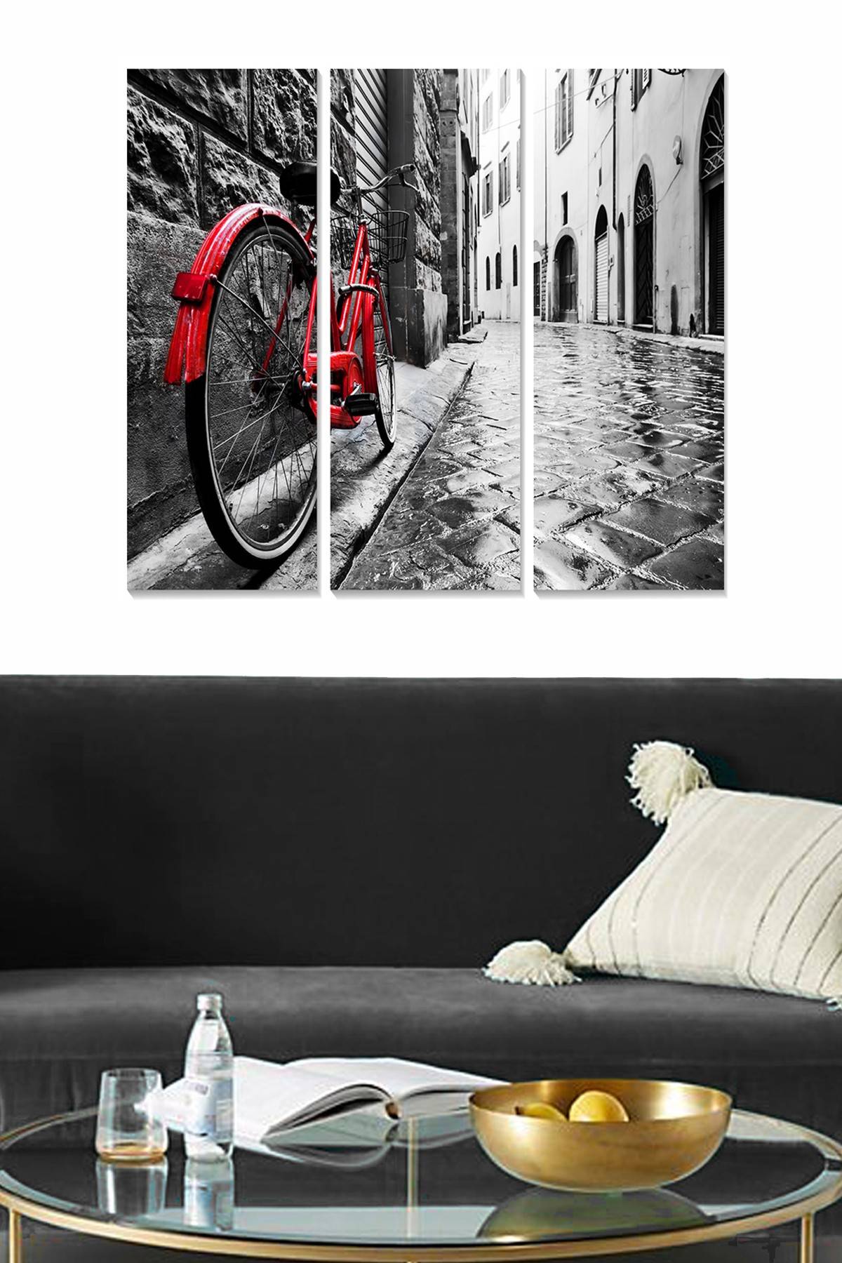 Triptychon Fabulosus B70xH50cm Motiv Gepflasterte Gasse Fahrrad Rot und Grau