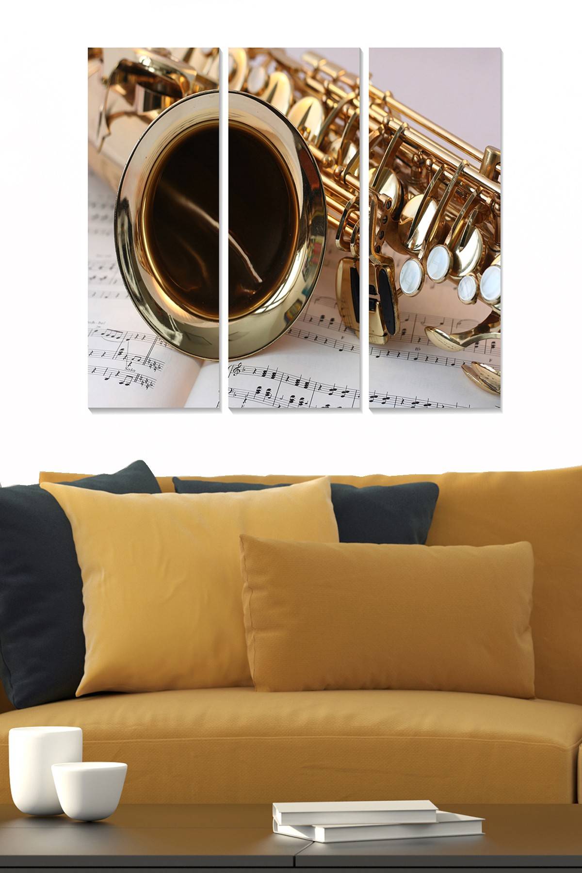 Triptyque Fabulosus L70xH50cm Motif Saxophone sur papier note Noir, Blanc et Or