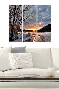 Drieluik decoratief schilderij Fabulosus wintertafereel ondergaande zon MDF Multicolour