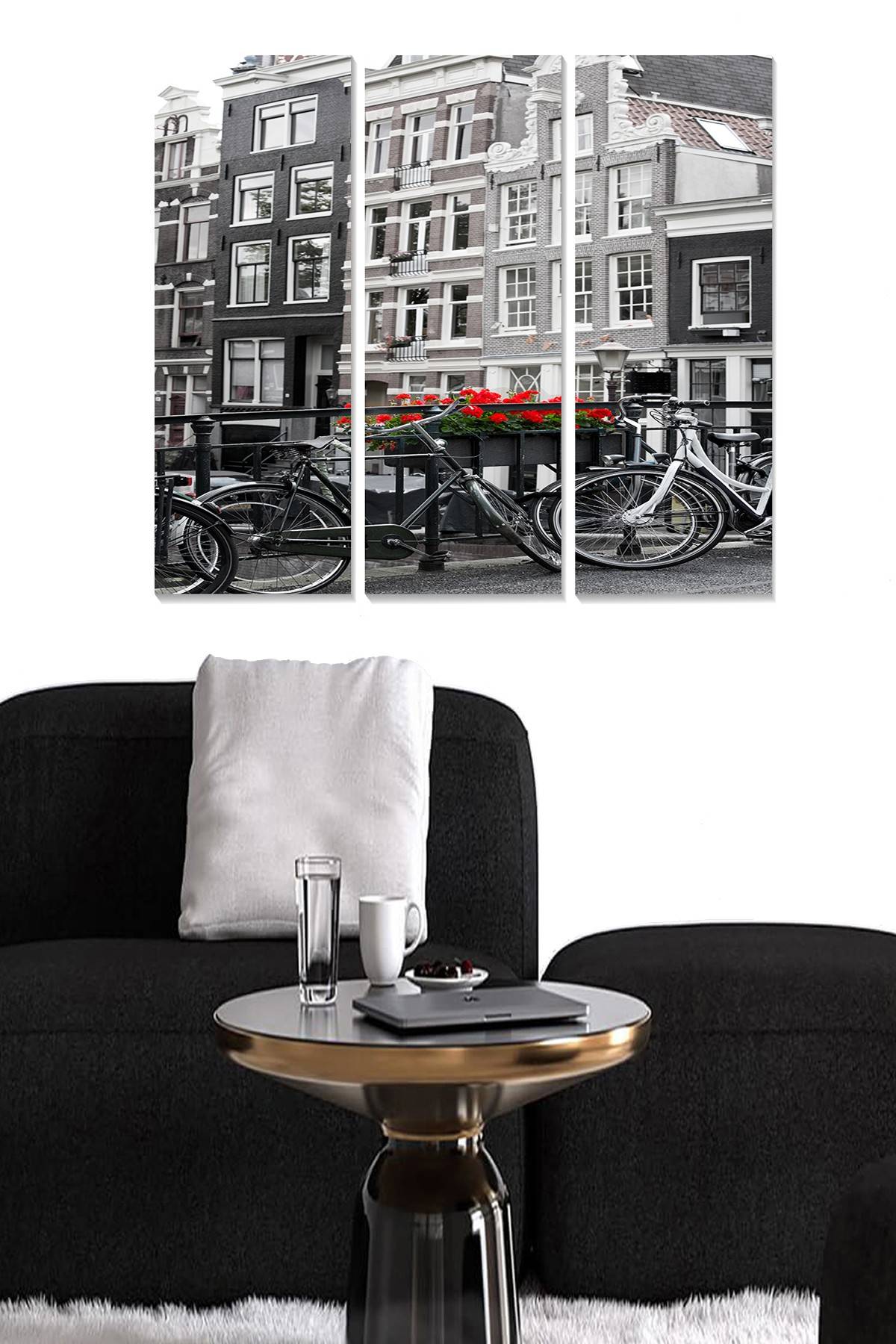 Triptychon Fabulosus B70xH50cm Motiv Altstadt und Fahrräder Grau, Weiß und Rot