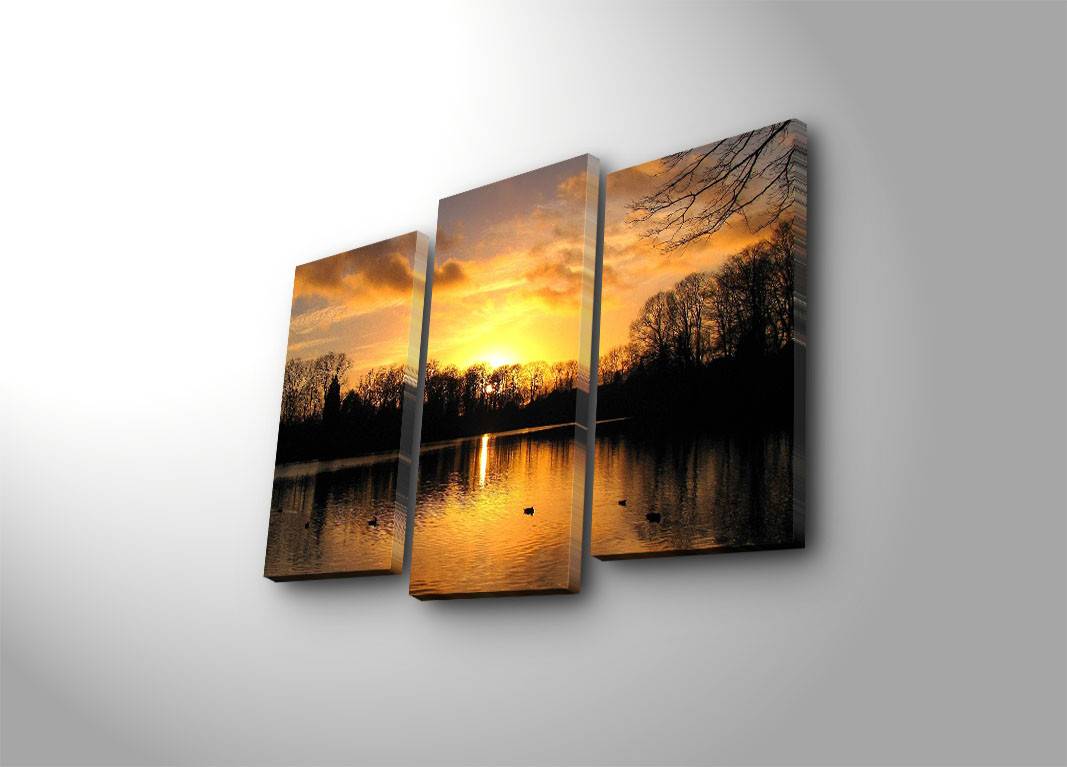 LED backlit drieluik landschap meer zonsondergang Lucendi Suède canvas Hout Multicolour