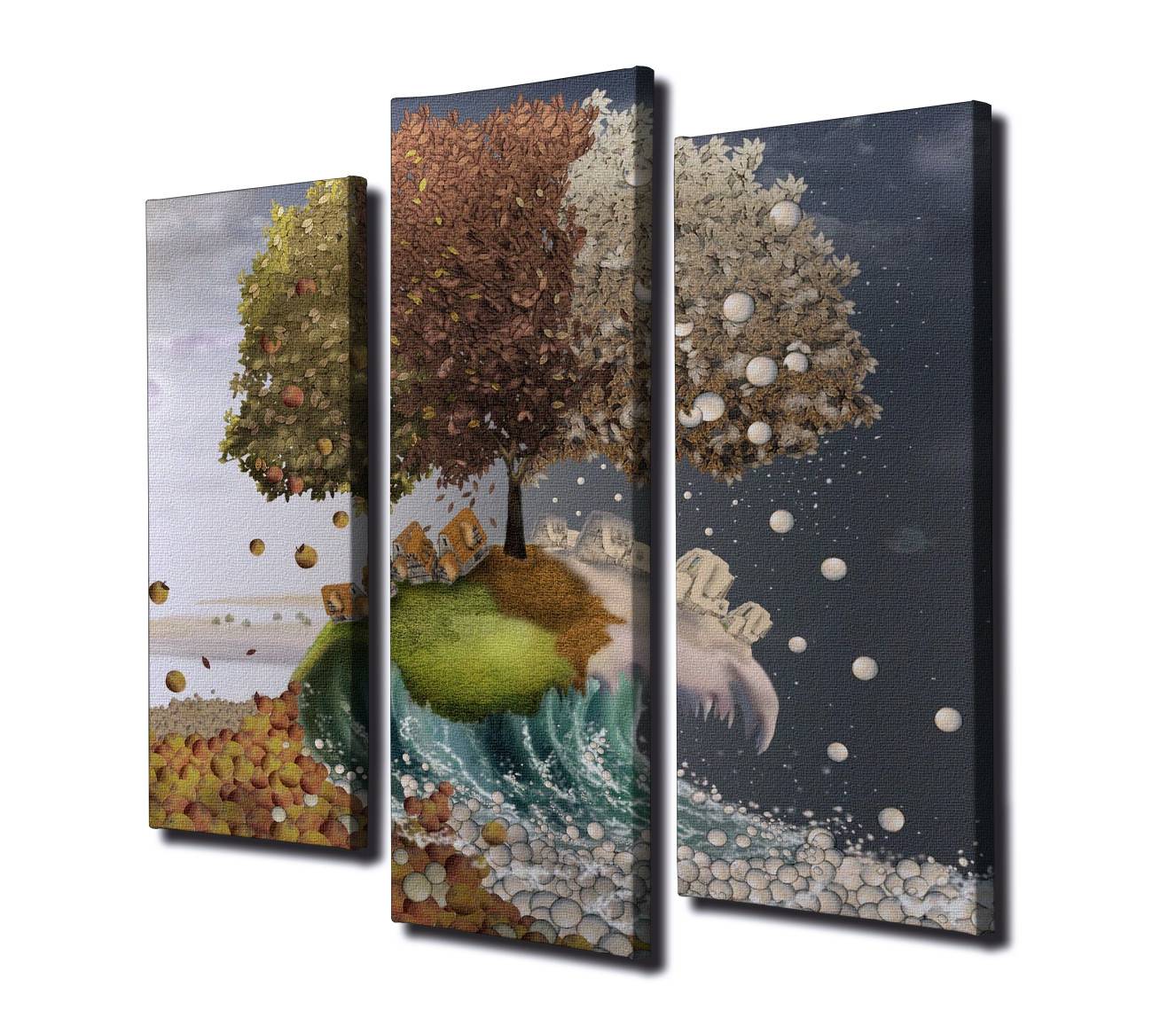 Set van 3 decoratieve foto's boom drie seizoenen Scaenicos Canvas Hout Veelkleurig