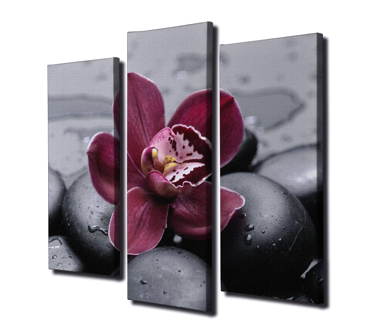 Decoratief schilderij drieluik orchidee zwart steentjes Amicienties Suède canvas Hout Veelkleurig