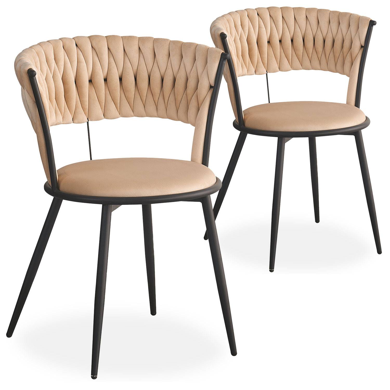 Lot de 2 chaises design au dossier arrondi style maillage Varadian Velours Beige et Métal Noir