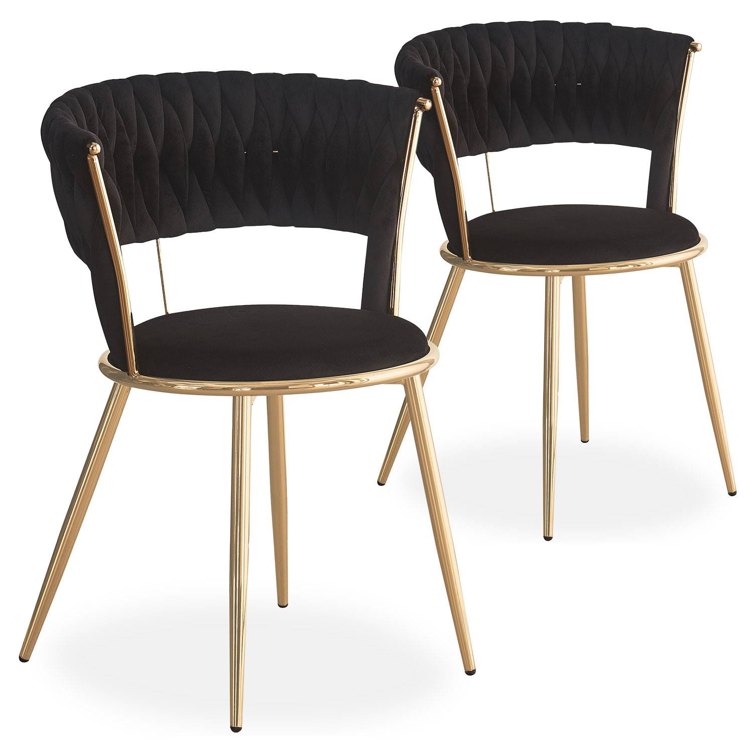 Lote de 2 sillas redondas Varadian de terciopelo negro y metal dorado