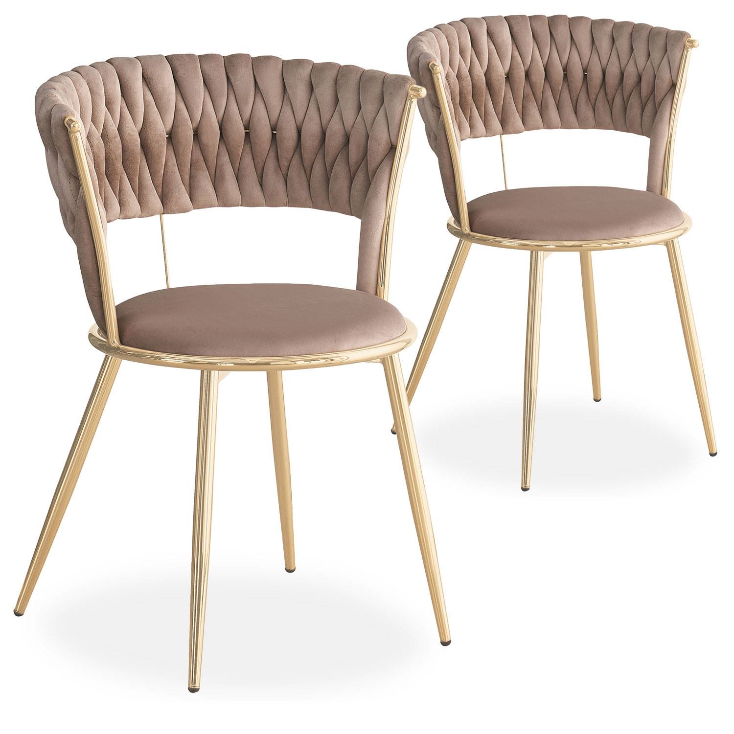 Set aus 2 Designstühlen mit abgerundeter Rückenlehne im Stil der Maschenware Varadian Velours Taupe und Metall Gold