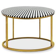 Vedasine ronde salontafel in kunstzinnige stijl Zwart/wit gestreept patroon en goudkleurig onderstel