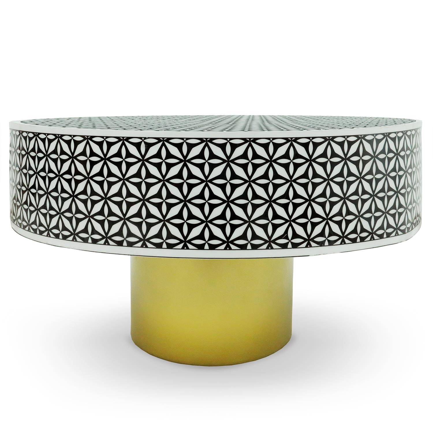 Arty stijl ronde salontafel Ø71cm Viliana Zwart geometrisch patroon en goudkleurig onderstel