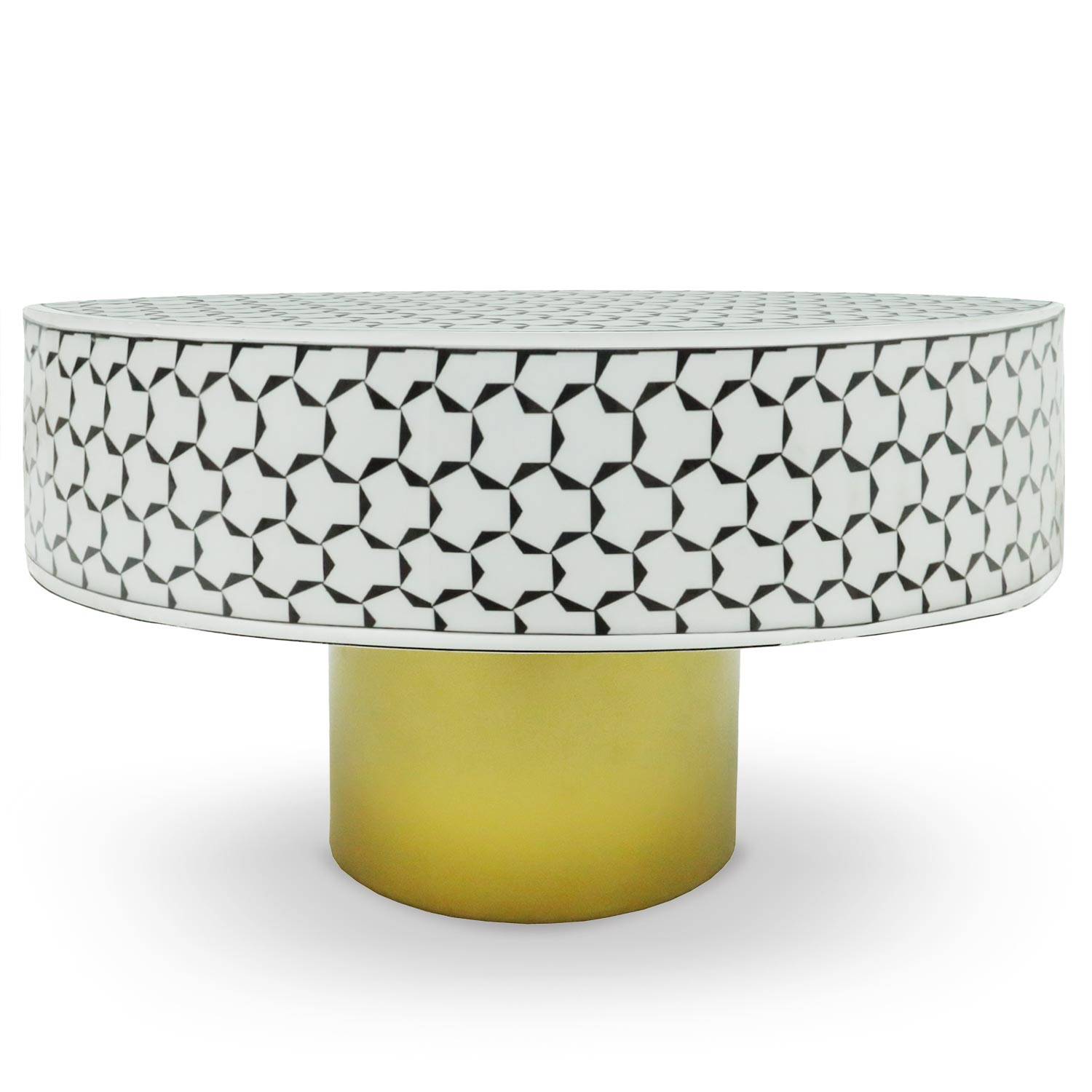 Arty stijl ronde salontafel Ø71cm Viliana Wit geometrisch patroon en goudkleurig onderstel