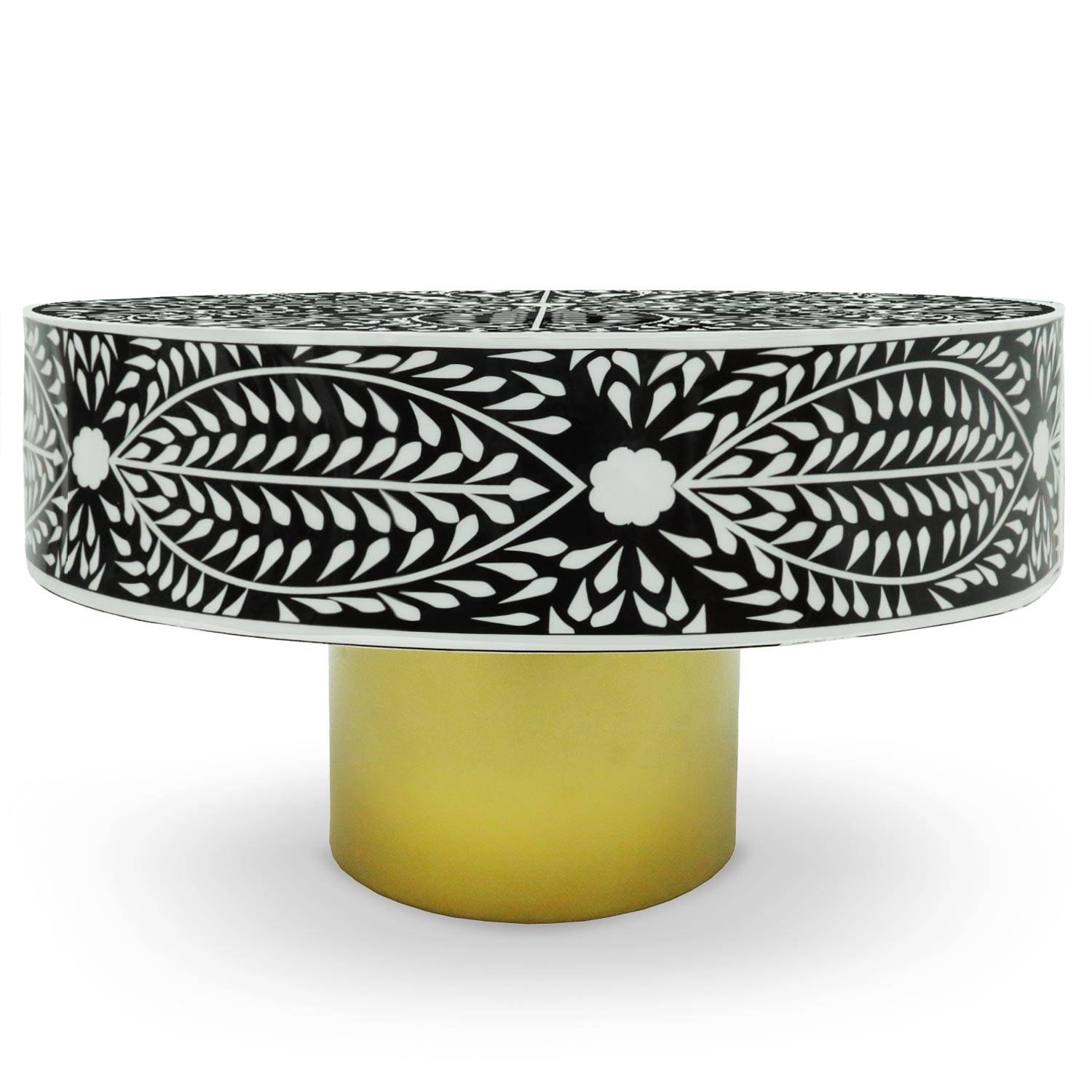 Mesa de centro redonda de estilo arty Ø71cm Viliana Motivo floral blanco y negro y base dorada