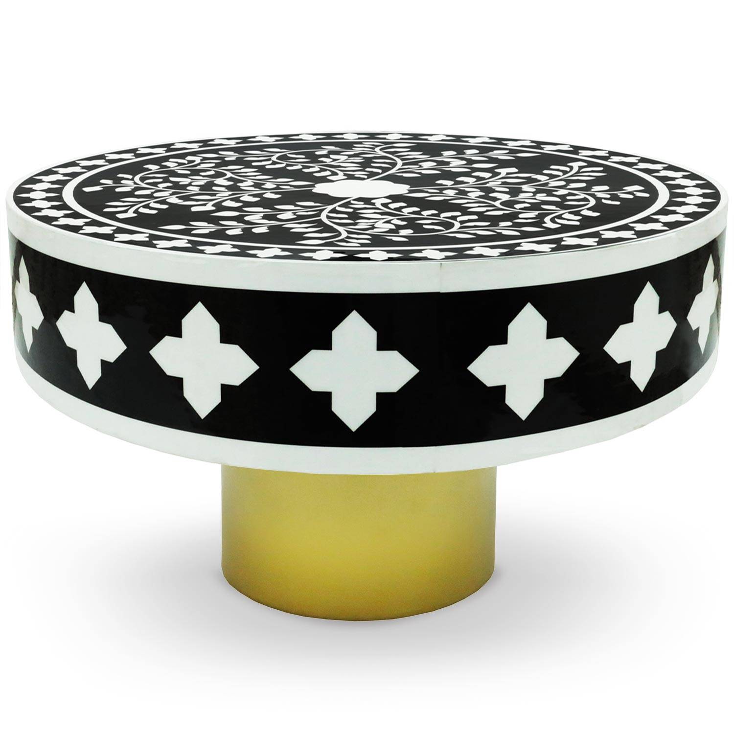 Mesa de centro redonda de estilo arty Ø71cm Viliana Motivo vegetal blanco y negro y base dorada