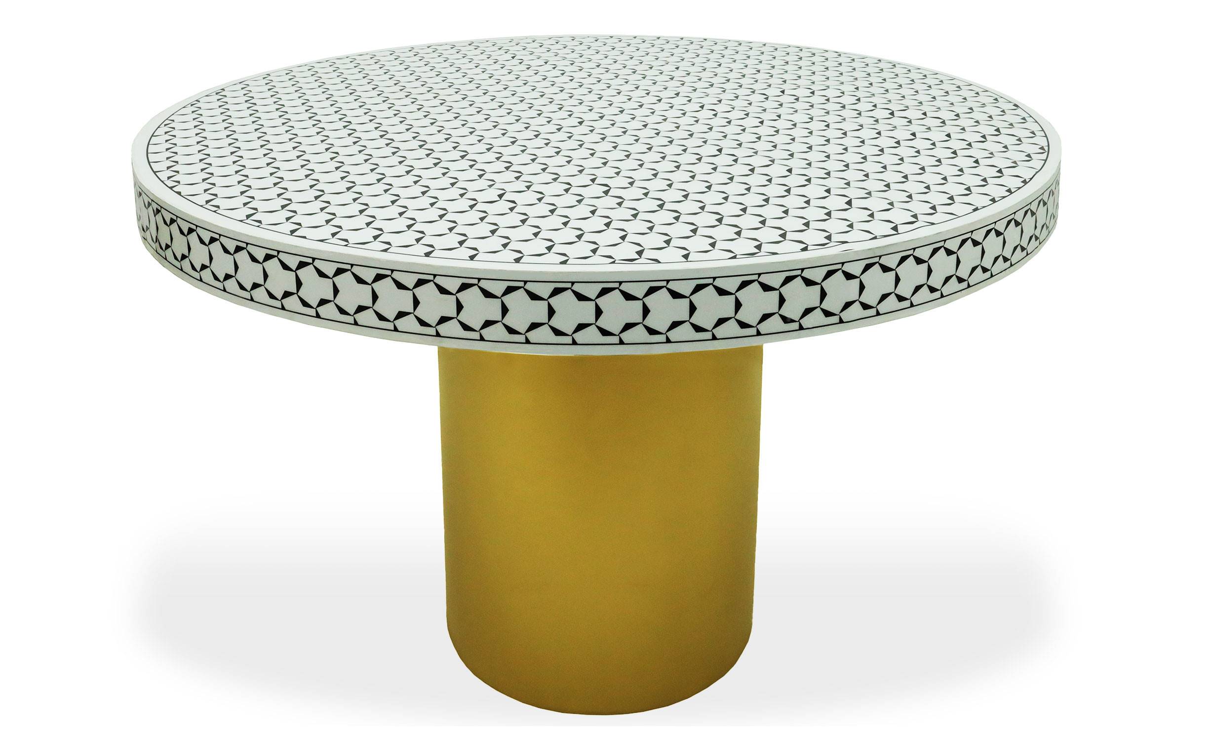 Table ronde style arty Ø100cm Viliana Motif géométrique blanc et pied Or